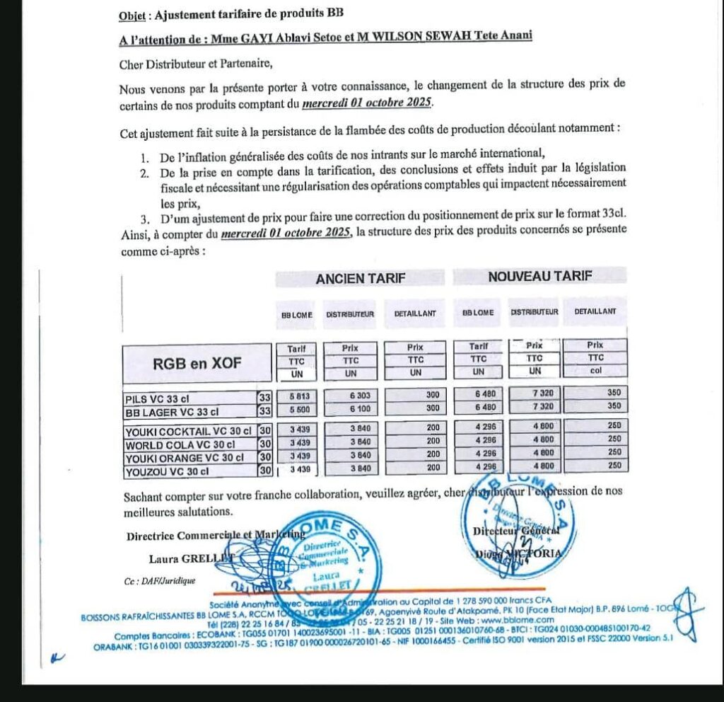 BB Lomé : les raisons de l'augmentation de certains produits à compter de ce mercredi