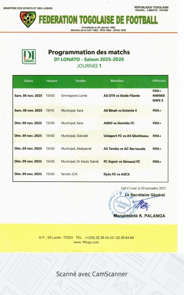 Togo-D1 : DYTO reçoit ASCK, le programme de la première journée