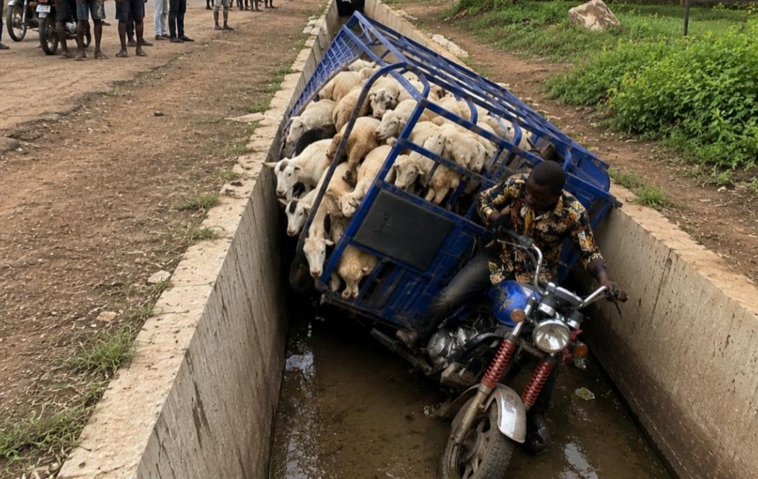 Za Kpota : un tricycle chargé de moutons finit sa course dans un caniveau